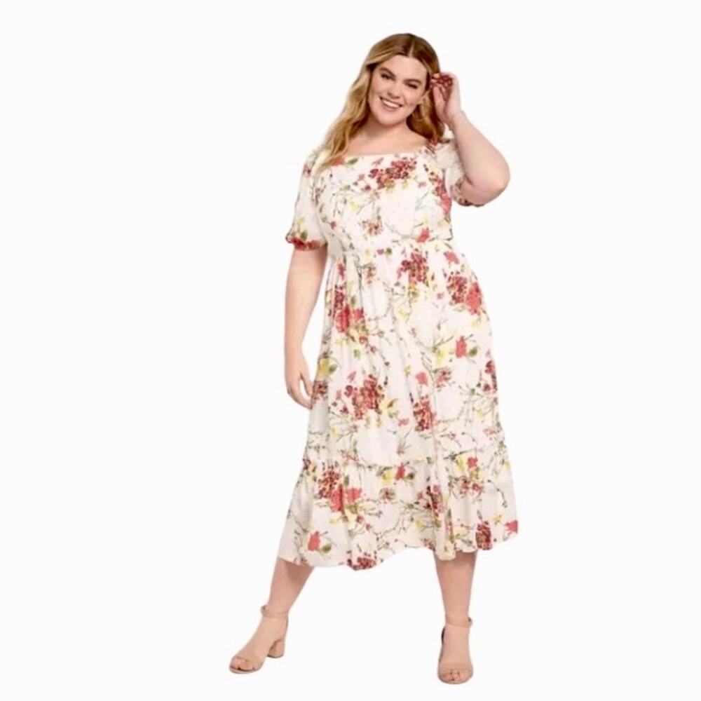 Lane Bryant Floral Gold Metallic Midi Dress Sz 14 Puff Sleeve Tiered Cottagecore
